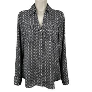 Express Portofino Blouse Top Button Front Geometric Print Black Small Office